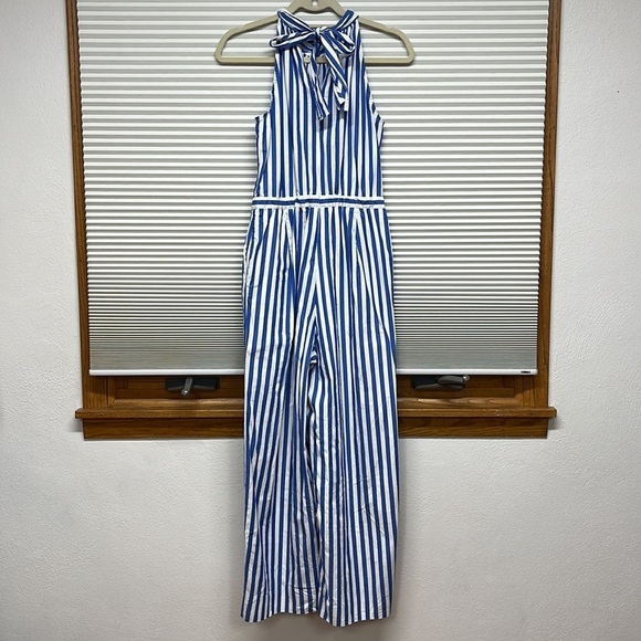 J. Crew Factory Blue and White Striped Cropped Halter Jumpsuit Size 0 - Picture 5 of 9